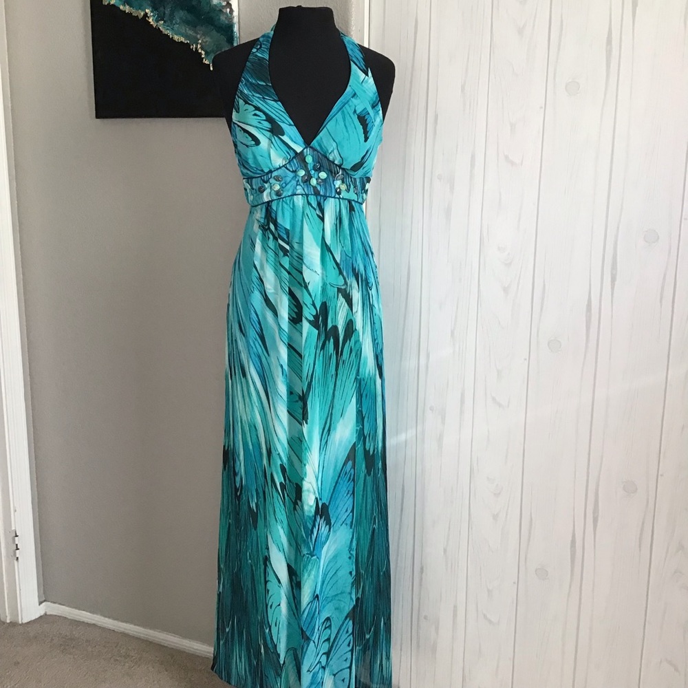 Bisou Bisou maxi blue dress halter top size 4